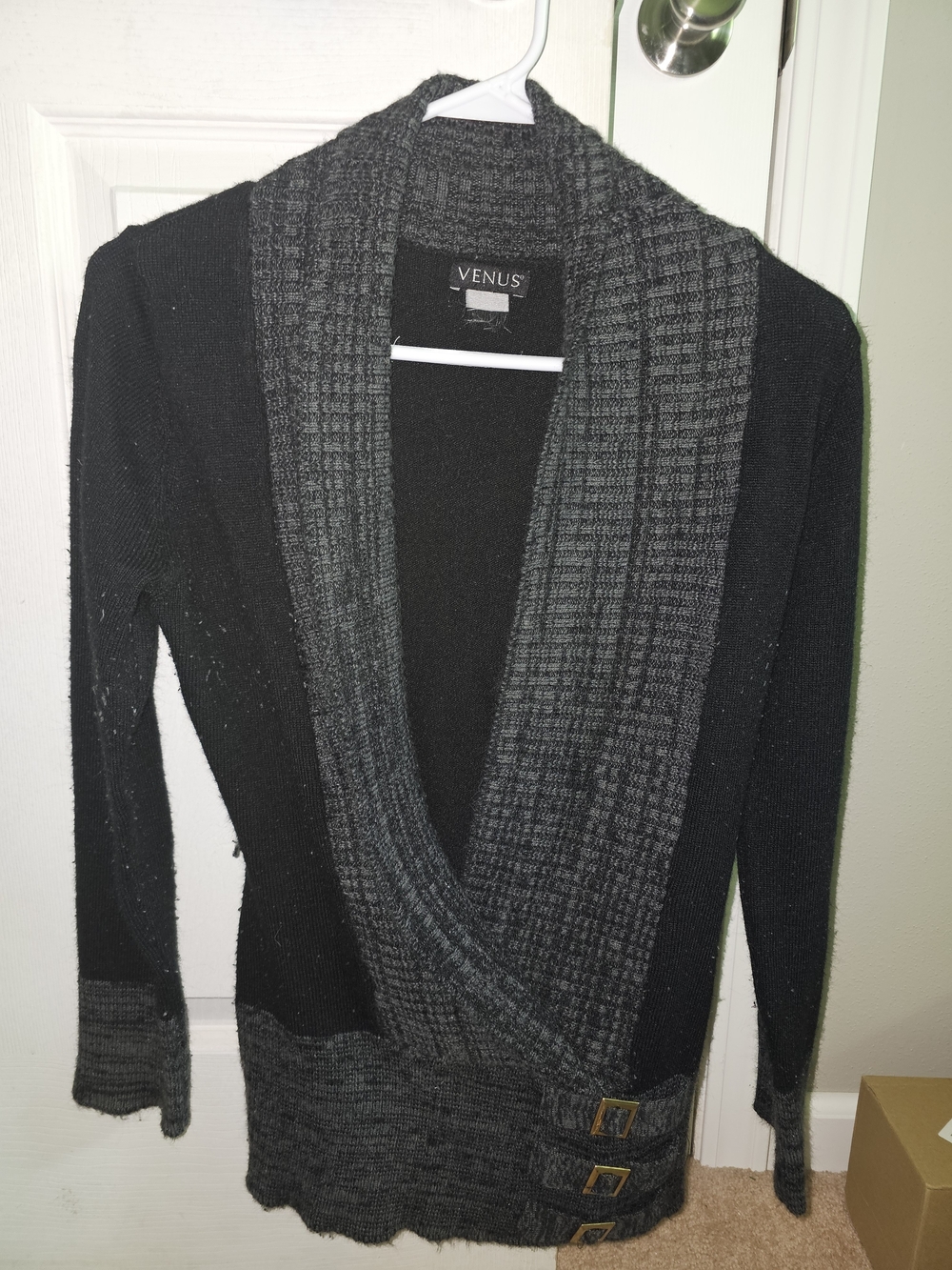 VENUS Black Sweater with Charcoal Shawl Collar and Buckle Detail